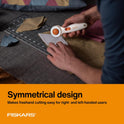 Fiskars 45mm Rotary Cutter for Fabric, Premium Steel Stick Fabric Cutter Cuts Through Multiple Layers, Right and Left Handed, Easy and Safe Blade