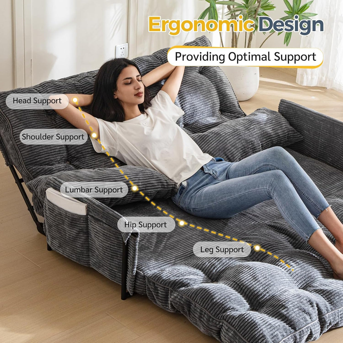 MAXYOYO Adjustable Floor Sofa Couch with 2 Pillows, Multi-Functional Bean Bag Bed, 5-Position Foldable Lazy Sofa Sleeper Bed with Armrest, Versatile