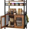 Coffee Bar Cabinet, 3 Tier Coffee Station Table on Wheels, 35.9" H Bar Cart with Wire Basket Drawer & 5 Hooks for Home Kitchen, Liquor Buffet
