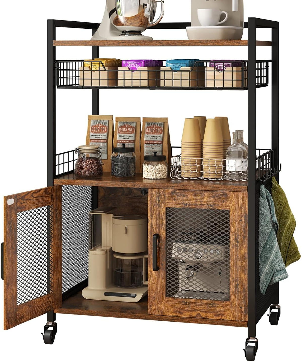 Coffee Bar Cabinet, 3 Tier Coffee Station Table on Wheels, 35.9" H Bar Cart with Wire Basket Drawer & 5 Hooks for Home Kitchen, Liquor Buffet