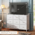 WLIVE White TV Stand for 45, 50, 55 inch TV, Entertainment Center with LED Lights & Charging Station, TV Media Console Table with 9 Fabric Drawers