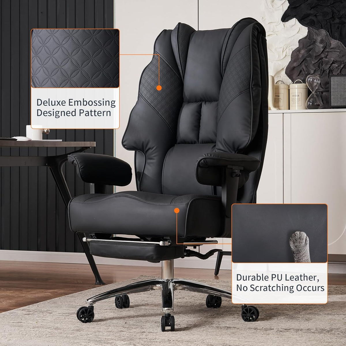 Big and Tall Office Chair 400lbs Wide Seat, Leather High Back Executive Office Chair with Foot Rest, Ergonomic Chairs Lumbar Support for Lower Back