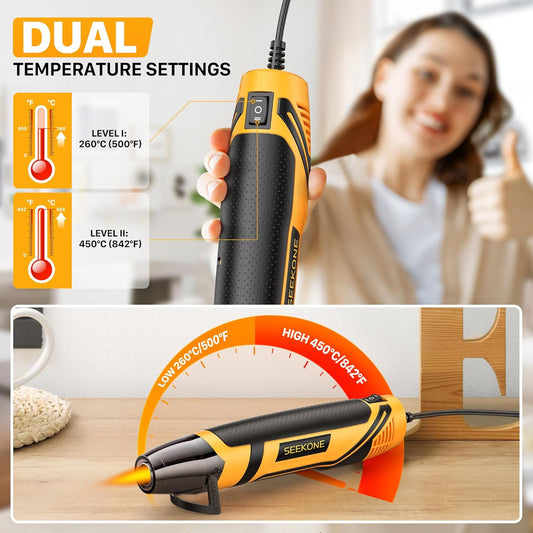 SEEKONE Mini Heat Gun, 350W 2-Temp Settings 500℉ & 842℉（260℃& 450℃） Fast Heat Hot Air Gun Tool with Reflector Nozzle and 4.9Ft Long Cable Overload