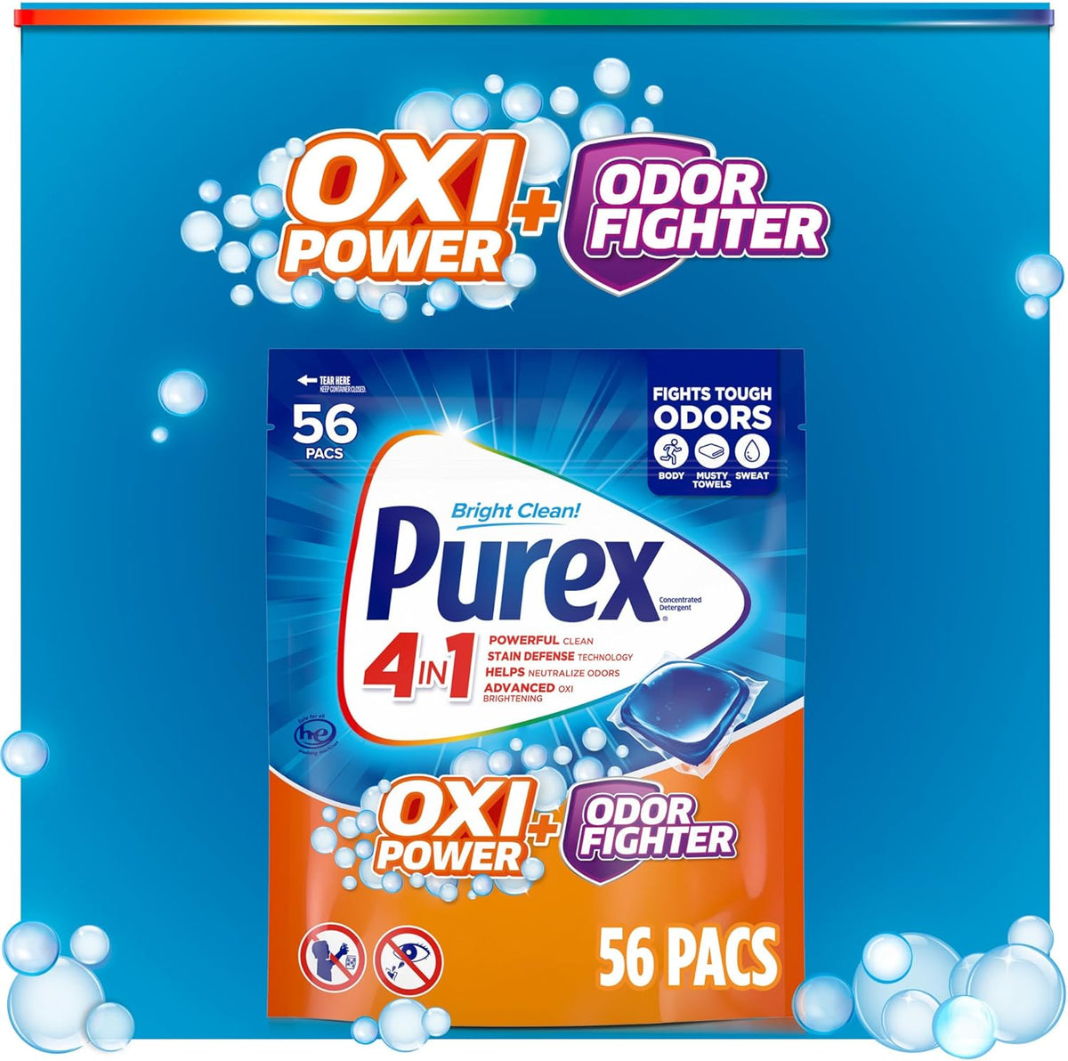 Purex 4-in-1 Oxi Power + Odor Fighter Laundry Detergent Pacs, Fresh Morning Burst, 56 Count