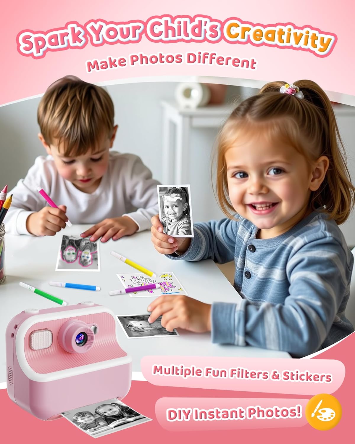 Instant Camera, Front Rear Dual Selfie Kids Camera with 1080P Videos, Holiday Birthday Gifts for Kids Age 3-12, Toddler Portable Travel Print Digital