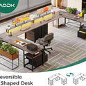AODK 66" L Shaped Desk, 113" Computer Desk with File Cabinet & 4 Fabric Drawers, Home Office Desk with Monitor Shelf & Power Outlet, Two Person Desk