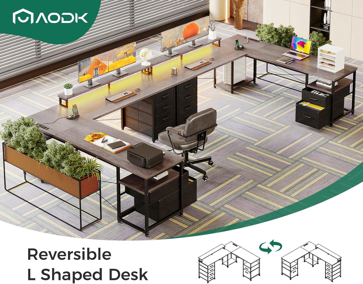 AODK 66" L Shaped Desk, 113" Computer Desk with File Cabinet & 4 Fabric Drawers, Home Office Desk with Monitor Shelf & Power Outlet, Two Person Desk