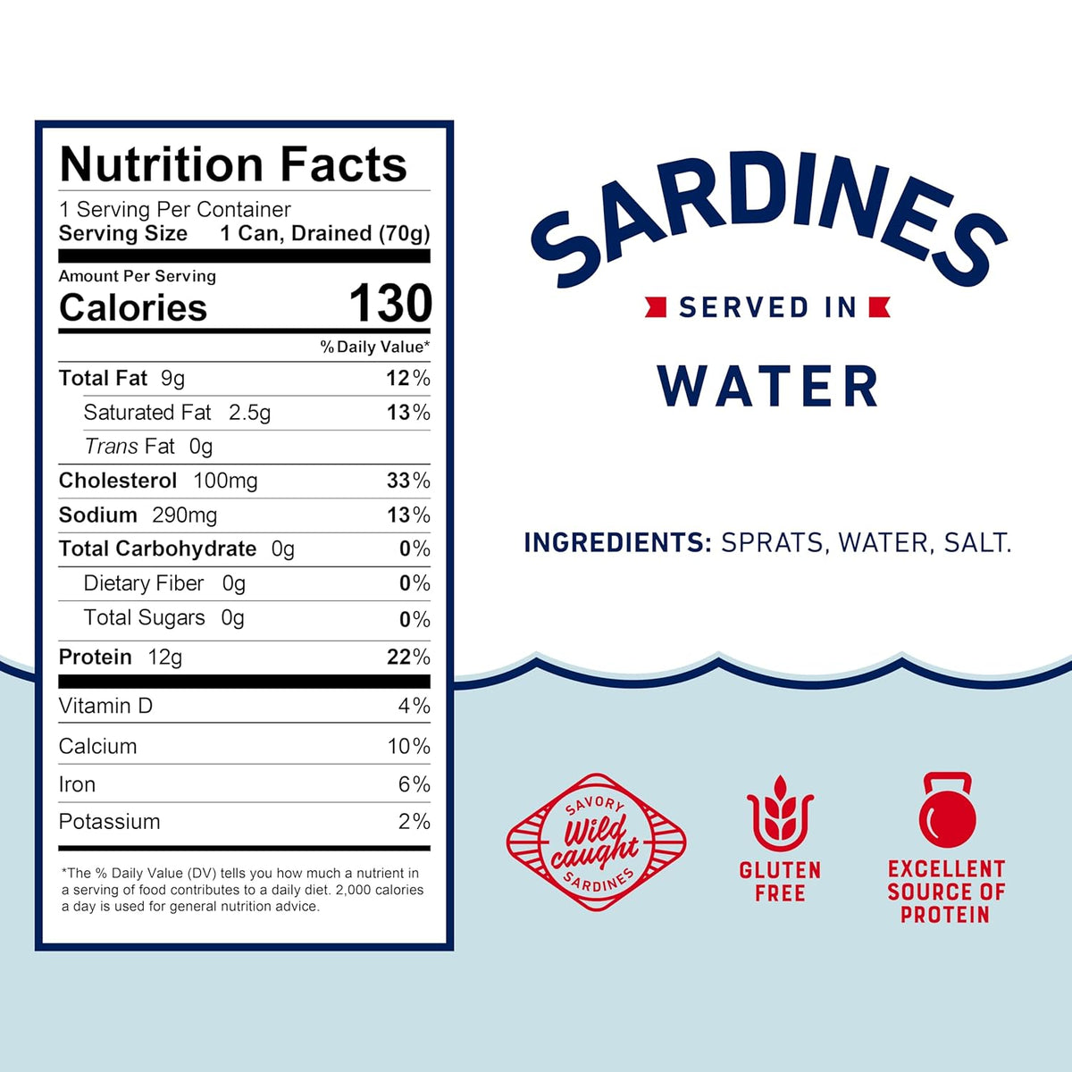 Beach Cliff Sardines in Water, 3.75 oz Can (Pack of 12) - Wild Caught Sardines - 12g Protein per Serving - Gluten Free, Keto Friendly