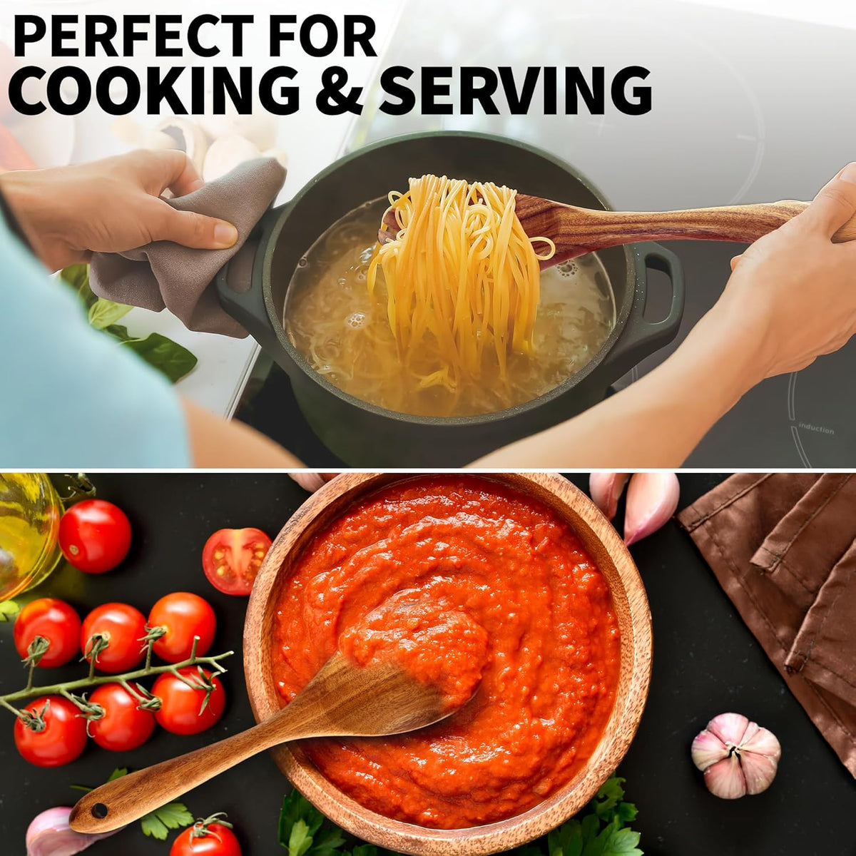Zulay Kitchen 6-Piece Wooden Spoons for Cooking - Smooth Finish Teak Wood Utensils - Soft Comfort-Grip Cooking Wood Spoons Non-Stick Teak