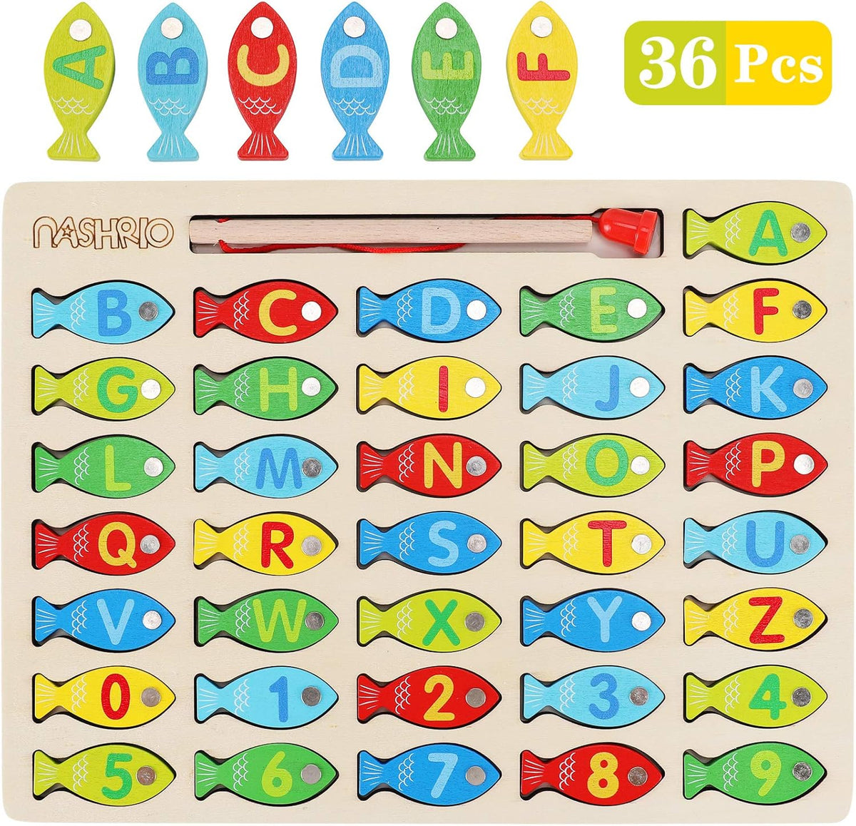 Magnetic Wooden Fishing Game Toy for Toddlers, Alphabet Fish Catching Counting Games Puzzle with Numbers and Letters, Preschool Learning ABC Math