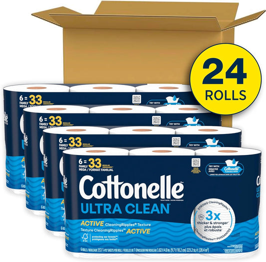 Cottonelle Ultra Comfort Toilet Paper with Cushiony CleaningRipples Texture, Strong Bath Tissue, 24 Family Mega Rolls = 108 Regular Rolls (4 Packs of