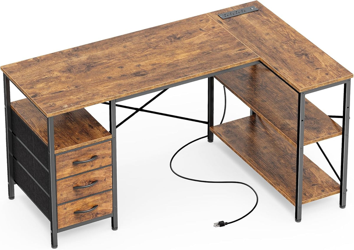 Huuger L Shaped Office Desk with Power Outlets, 47 Inch Computer Desk with 3 Drawers, Shelves, for Gaming, Corner Work, Home Office, Study, Rustic