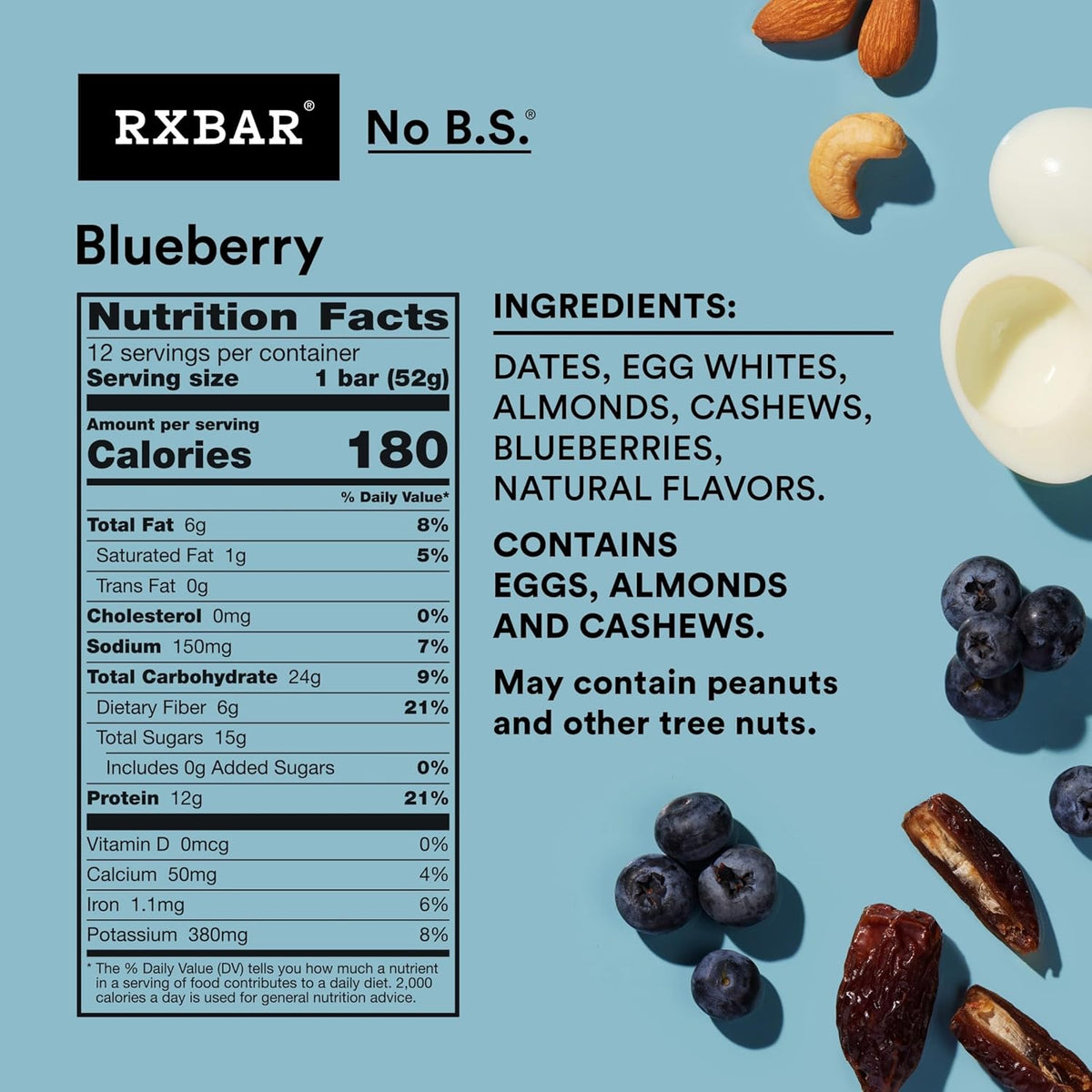 RXBAR Protein Bars, Protein Snack, Snack Bars, Blueberry, 22oz Box (12 Count)