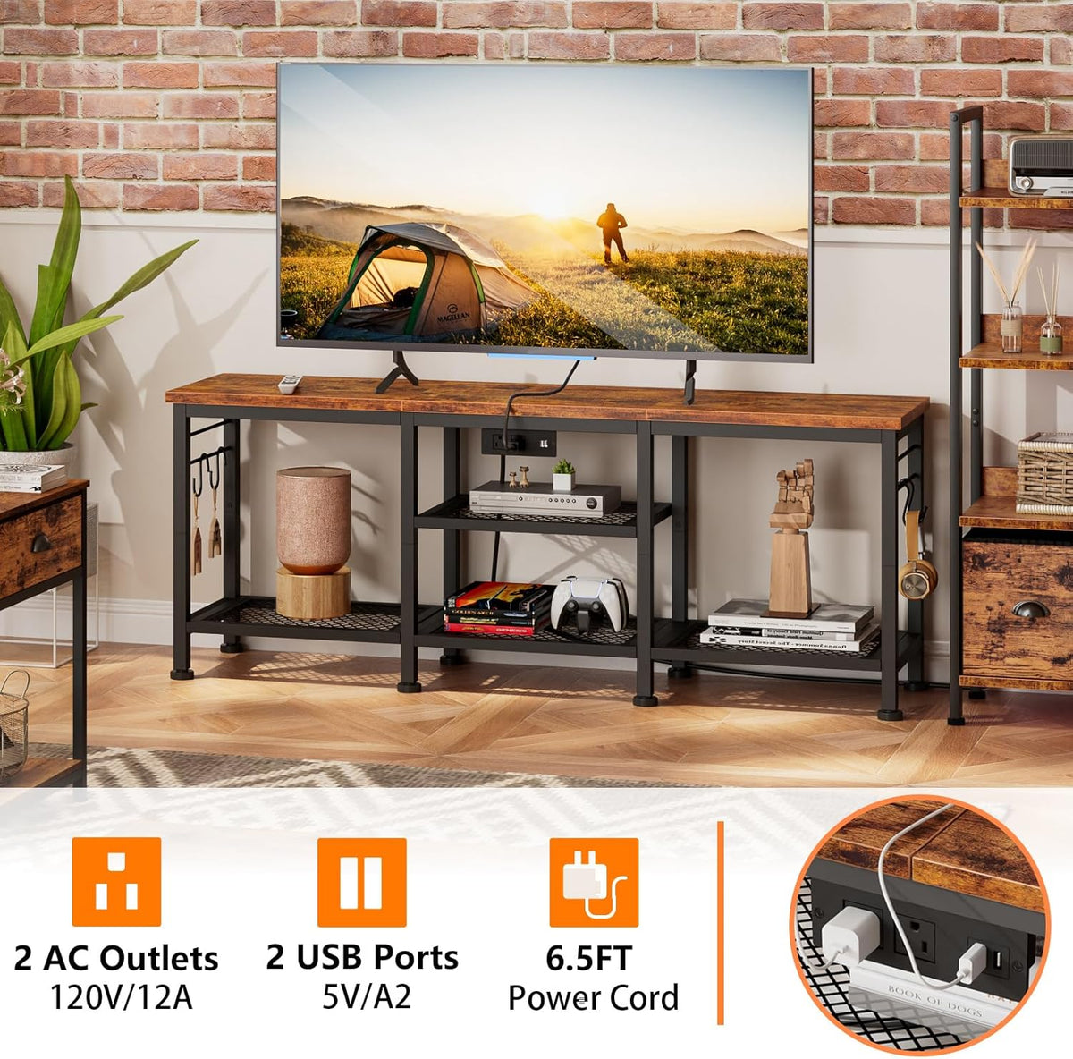 Furologee TV Stand with Power Outlets, Entertainment Center with Open Storage Shelves for TVs up to 55 Inch, Media Console Table with Soundbar Shelf