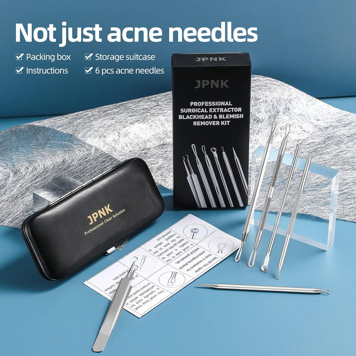 JPNK Blackhead Remover Tool Comedones Extractor Acne Removal Kit for Blemish, Whitehead Popping, 6 Pcs Zit Removing for Nose Face Tools with a