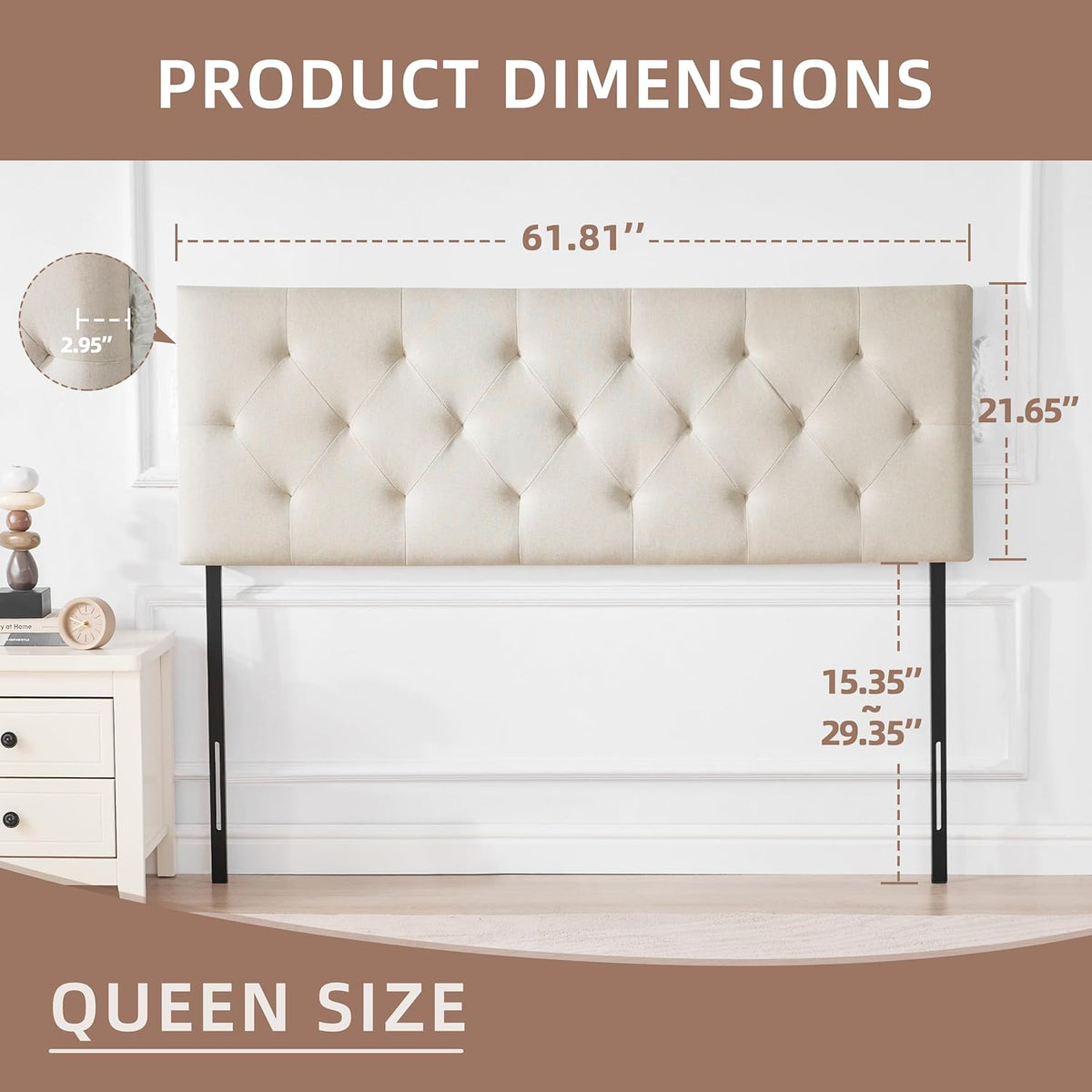 Linen Fabric Upholstered Headboard Queen Size, Modern Diamond Tufting Solid Wood Queen Headboard Only, Adjustable Height from 37” to 51” Head Board