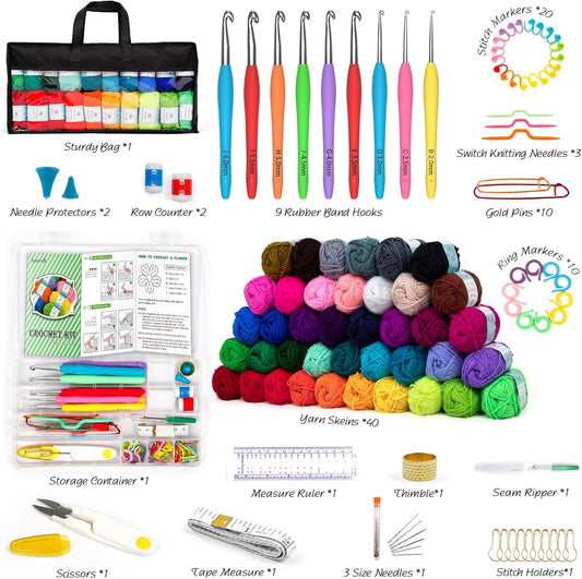 INSCRAFT 113 Piece Crochet Kit with Yarn Set– 1600 Yards Assorted Yarn for Knitting and Crochet, 73PCS Crochet Accessories Set Including Ergonomic