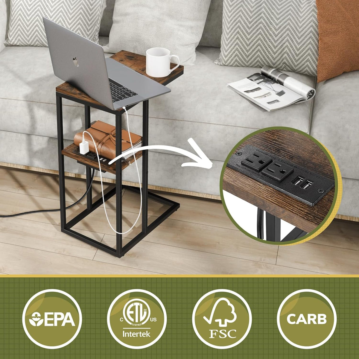 Yoobure C Shaped End Table with Charging Station, Small Side Table for Sofa，26" Tall Tv Tray Couch Table with Storage,Bedside Table with USB Ports