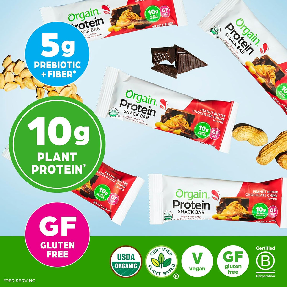 Orgain Organic Vegan Protein Bars, Peanut Butter Chocolate Chunk - 10g Plant Based Protein, Low Calorie Healthy Snacks, No Lactose or Soy