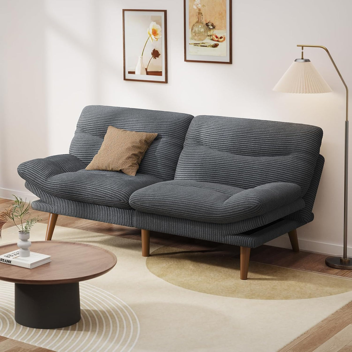 Pipishell Convertible Futon Sofa Bed,66" Corduroy Futon Couch with Adjustable Backrest and Armrests, Recliner Sleeper Sofa for Small Spaces, Play