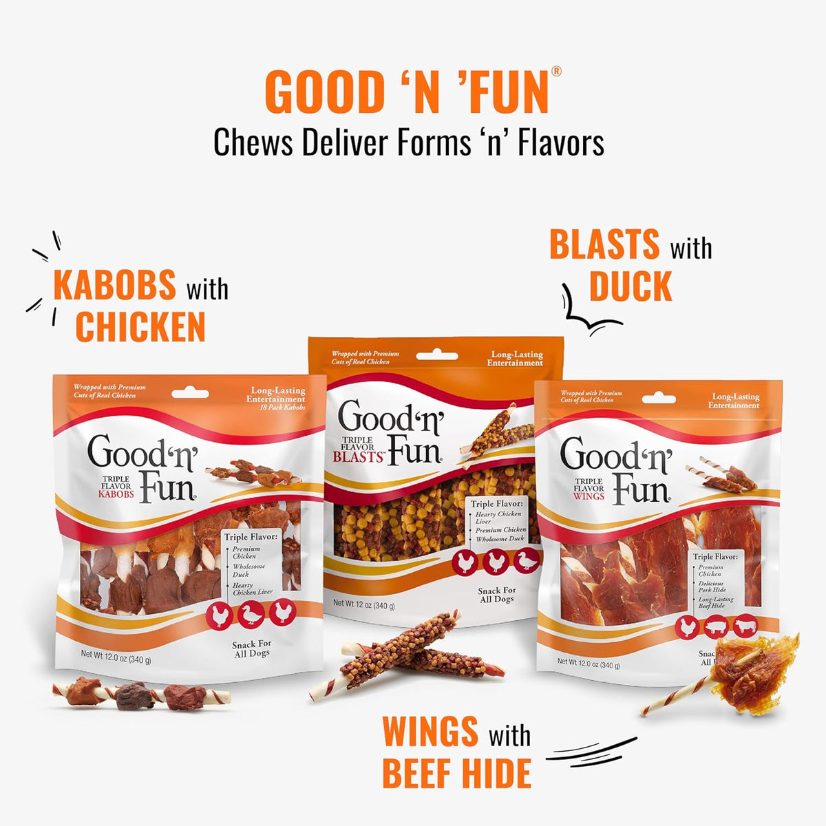 Good ‘n’ Fun Triple Flavor Kabobs Chews for All Dogs, 24 Ounces, Treat Your Dog to Chews Made from Beef Hide, Real Chicken, Pork Hide, Duck and