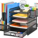 Marbrasse Desk Organizer with File Holder, 5-Tier Paper Letter Tray Organizer with Drawer and 2 Pen Holder, Mesh Desktop Organizer and Storage with