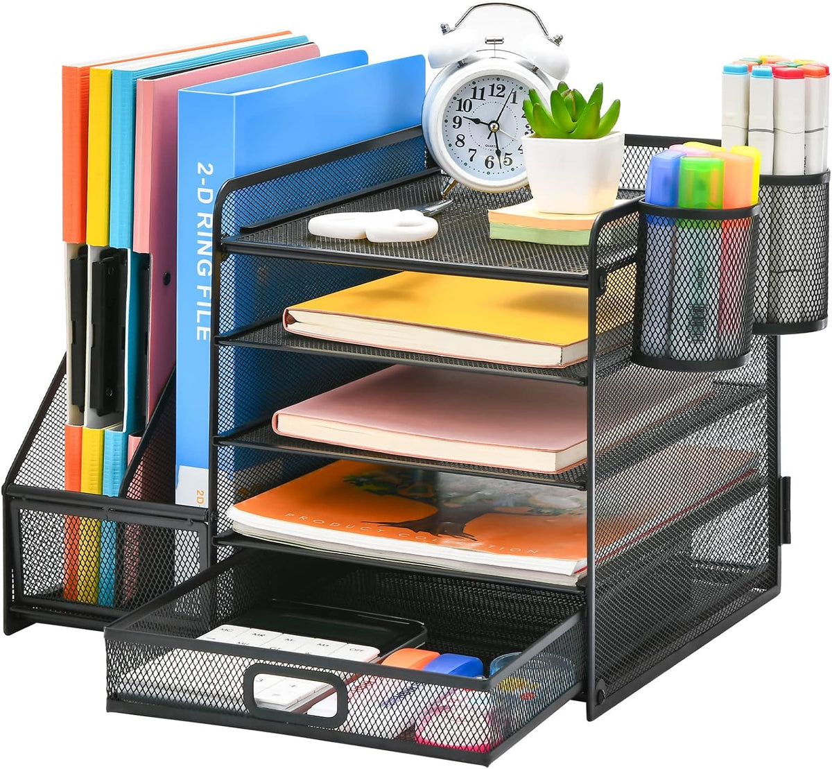 Marbrasse Desk Organizer with File Holder, 5-Tier Paper Letter Tray Organizer with Drawer and 2 Pen Holder, Mesh Desktop Organizer and Storage with