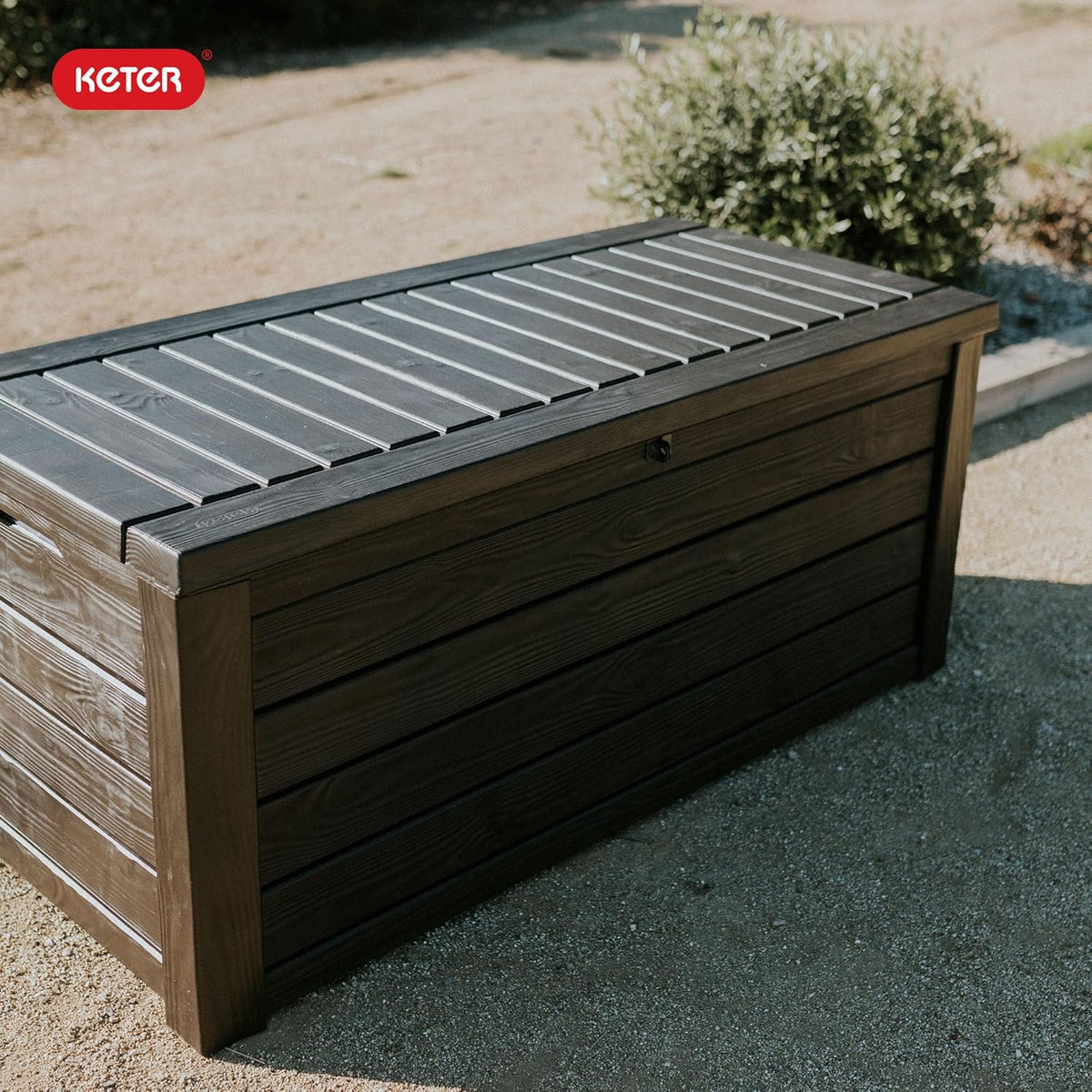 Keter Westwood 150 Gallon Deck Box Organizer, Doubles as 2-Person Bench Seat, Brown – Large Resin Outdoor Storage and Seating with Lockable Lid for