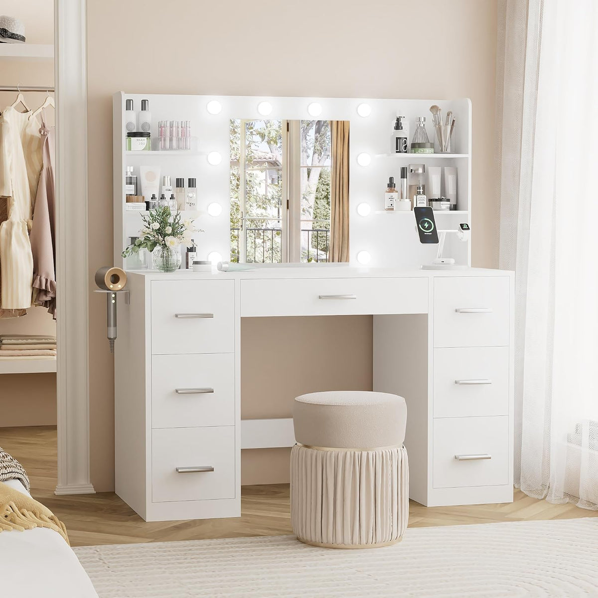 YESHOMY Vanity Desk with Mirror, Power Outlet and 10 Lights, Makeup Table with 7 Drawers, 3 Color Modes Available for Bedroom, White