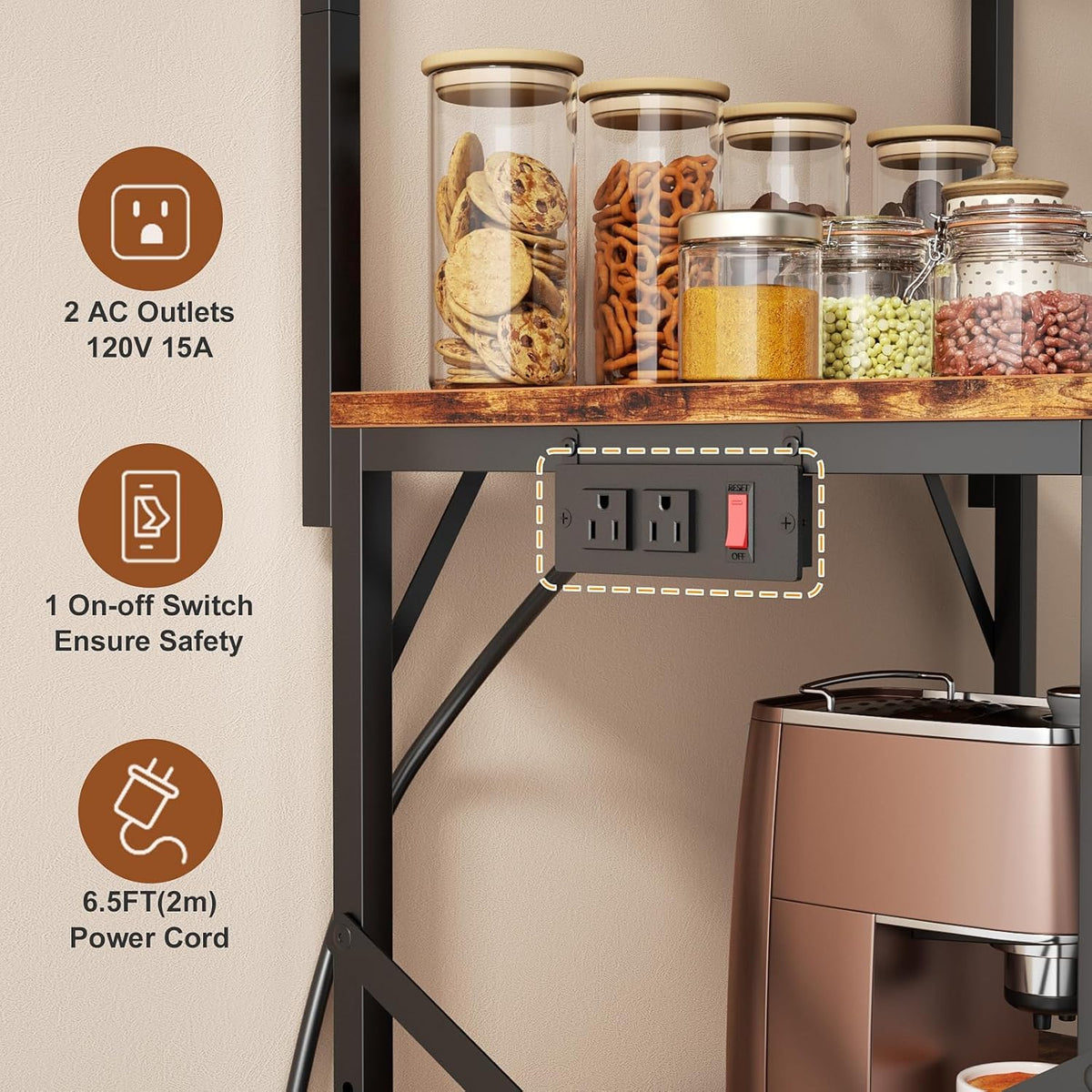 Kitchen Bakers Rack with Power Outlet, Small Coffee Bar Cart 4 Tiers, Microwave Stand Station with 8 S Hooks, Adjustable Shelf, Freestanding Kitchen