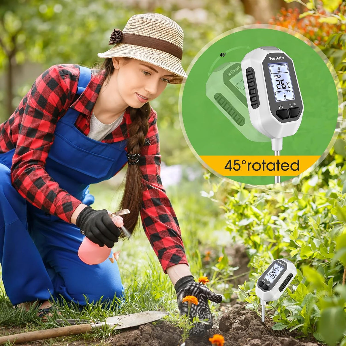 4-in-1 Soil Moisture Meter, Digital Plant Temperature/Soil Moisture Test & PH Meter/Sunlight Intensity, Backlight LCD Display for Gardening, Farming