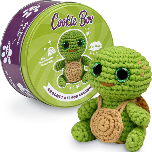 Cookie Box Crochet Kit for Beginners – Gift Set to Make Turtle Hugo Amigurumi Plushie – Easy DIY Crochet & Knitting Starter Kit with Video and PDF