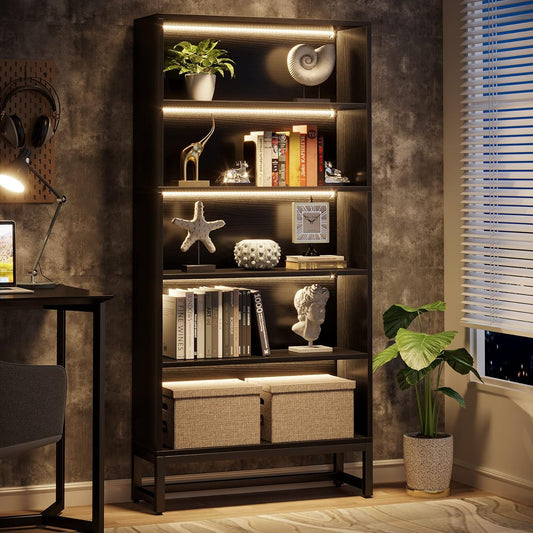Tribesigns Tall Bookcase Black Bookshelf, 70.8” Large Bookcases Organizer with LED Lights, Heavy Duty Free-Standing Library Bookshelf with 5-Tier