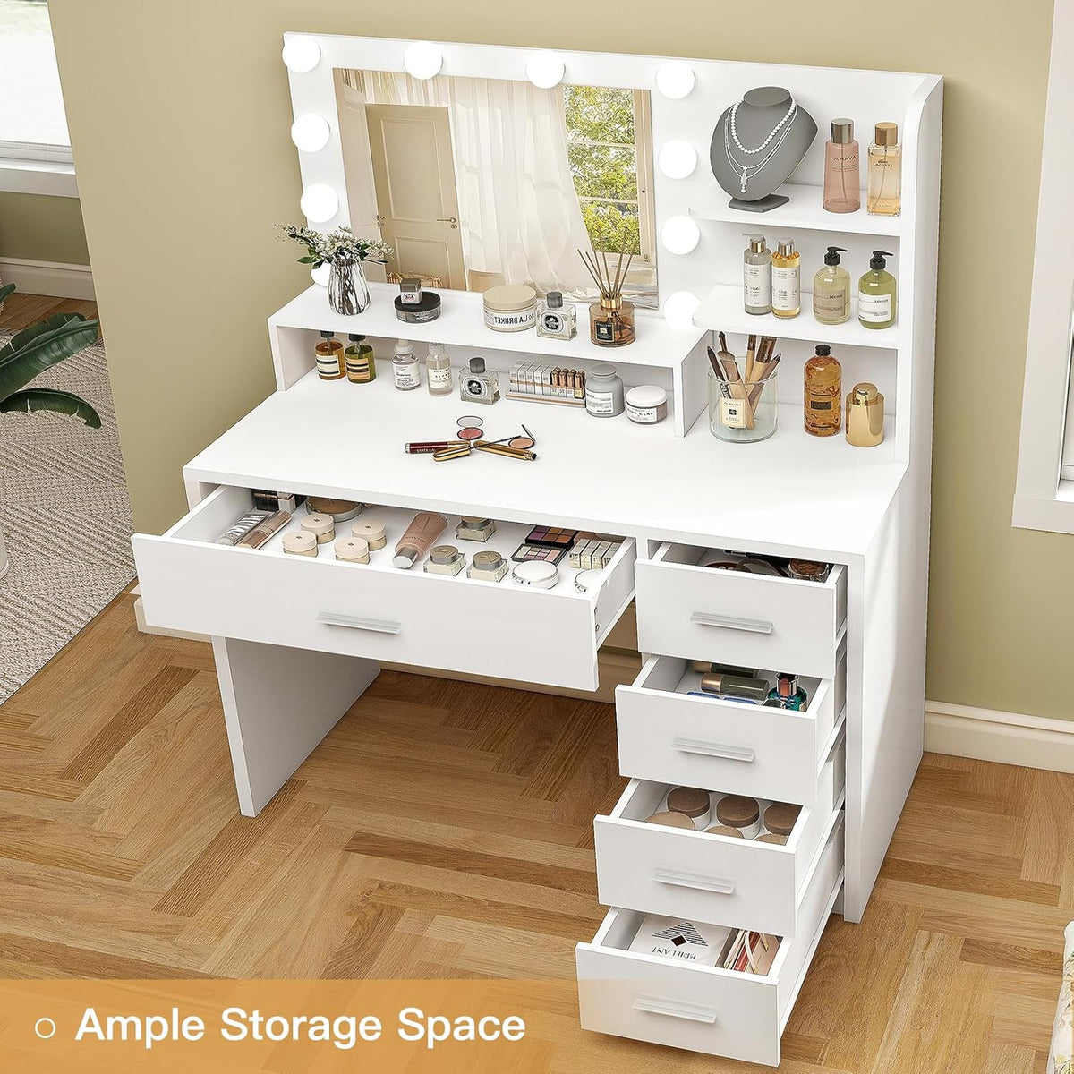 Quimoo Vanity Desk with Mirror & Lights, Makeup Vanity with 5 Drawers & Storage Shelves, White Vanity Table, 3 Color Modes & Adjustable Brightness