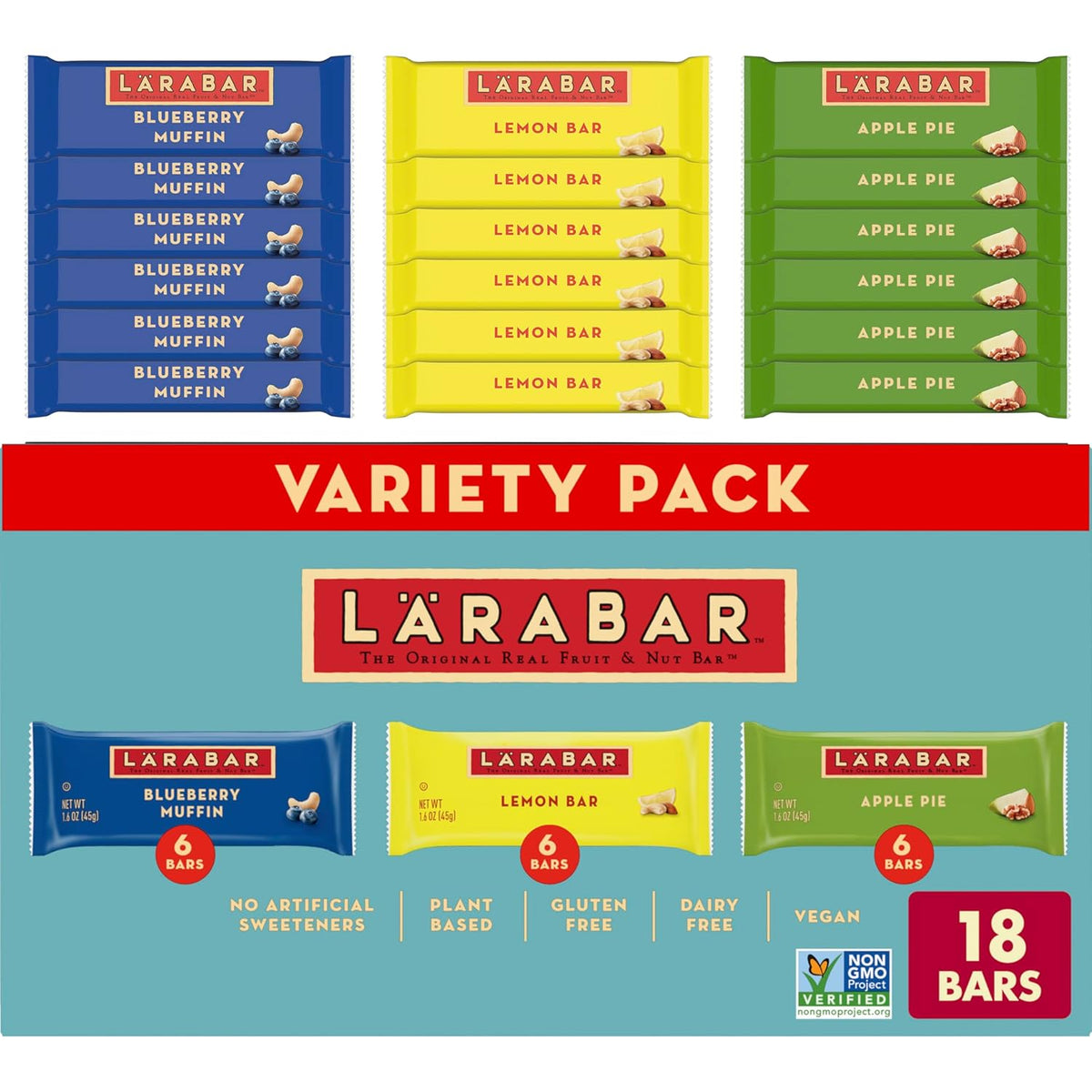 LARABAR Fruit & Nut Bars Variety Pack 18 Count (1.6 oz Each), Blueberry Muffin Lemon Apple Pie, Vegan Gluten Free Dairy Free Plant Based, Granola