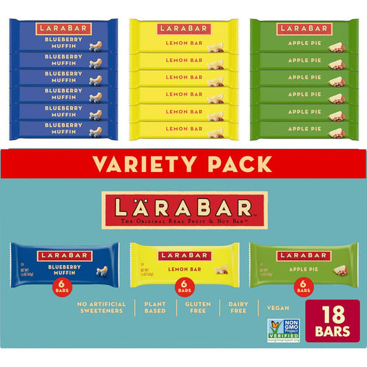 LARABAR Fruit & Nut Bars Variety Pack 18 Count (1.6 oz Each), Blueberry Muffin Lemon Apple Pie, Vegan Gluten Free Dairy Free Plant Based, Granola