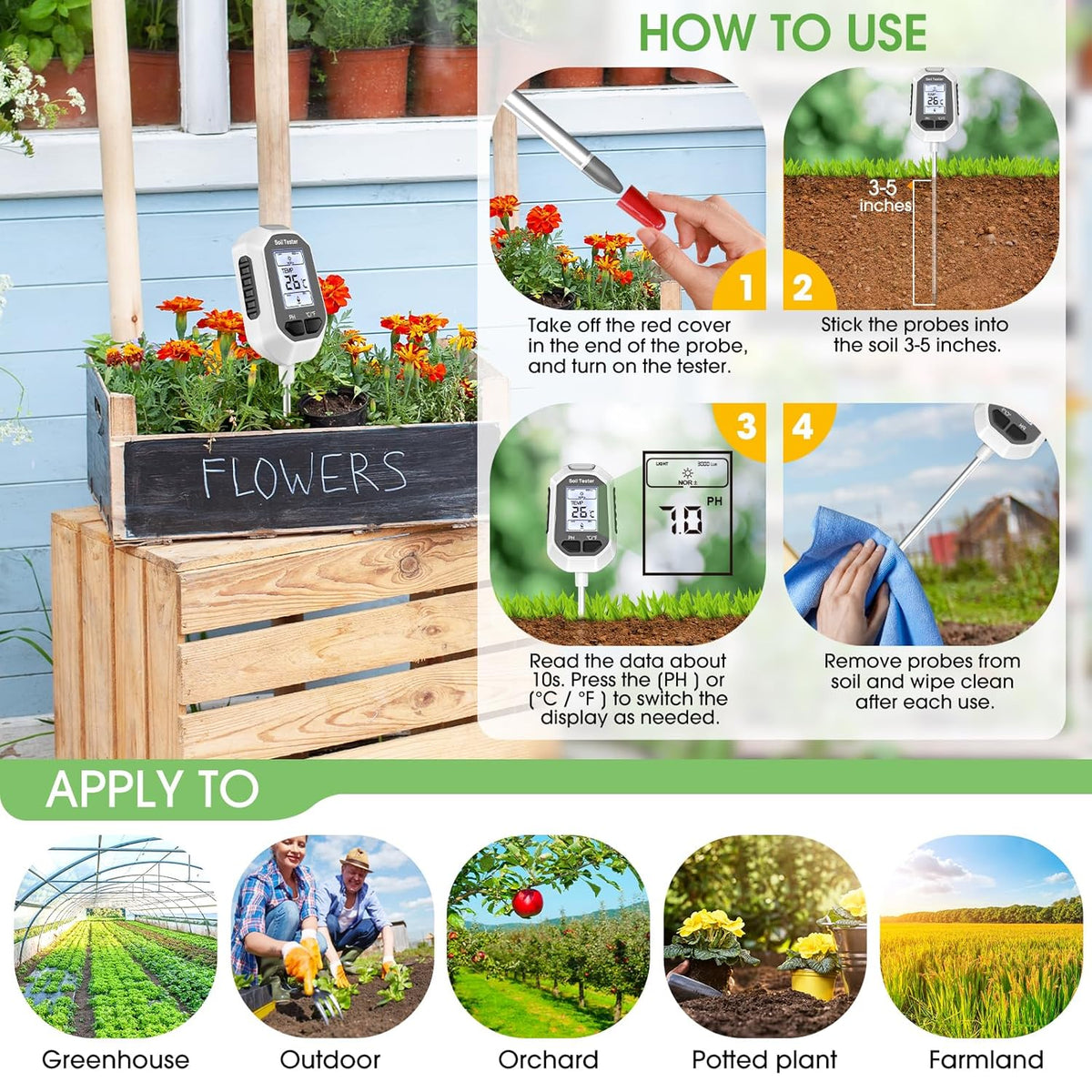 4-in-1 Soil Moisture Meter, Digital Plant Temperature/Soil Moisture Test & PH Meter/Sunlight Intensity, Backlight LCD Display for Gardening, Farming