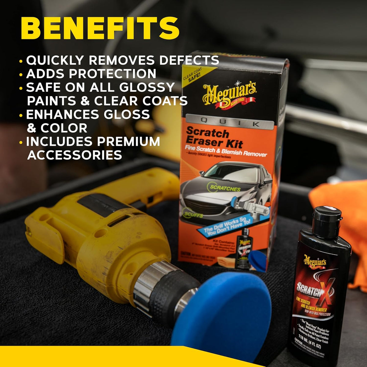 Meguiar’s Quik Scratch Eraser Kit, Car Scratch Remover for Fixing Surface Blemishes, Includes ScratchX, Drill-Mounted Pad, and Microfiber Towel
