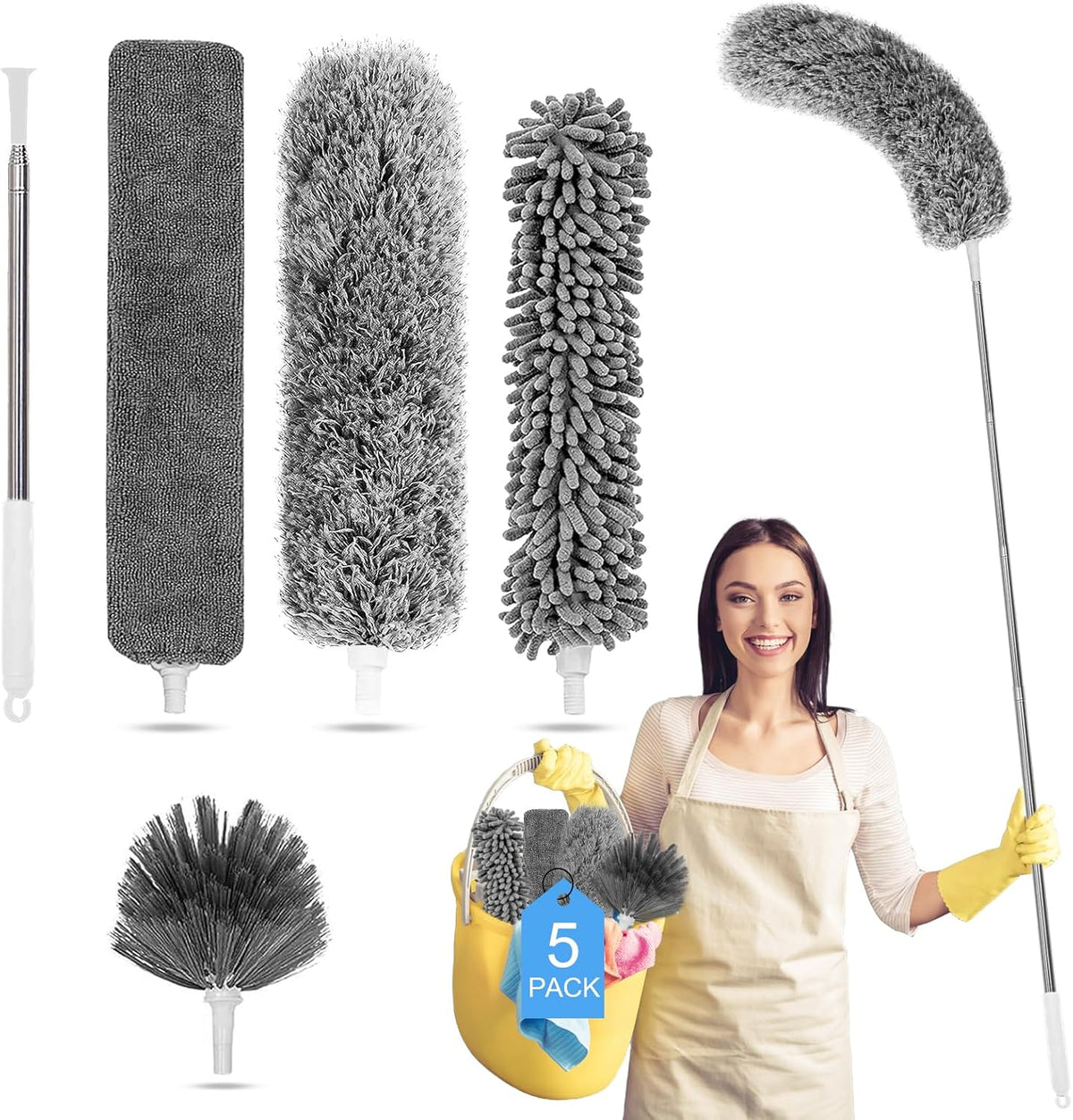 Microfiber Feather Duster 5-in-1 Kit, Dusters for Cleaning, Duster with Extension Pole 100 Inches, Cobweb Duster, Microfiber Dusters for High