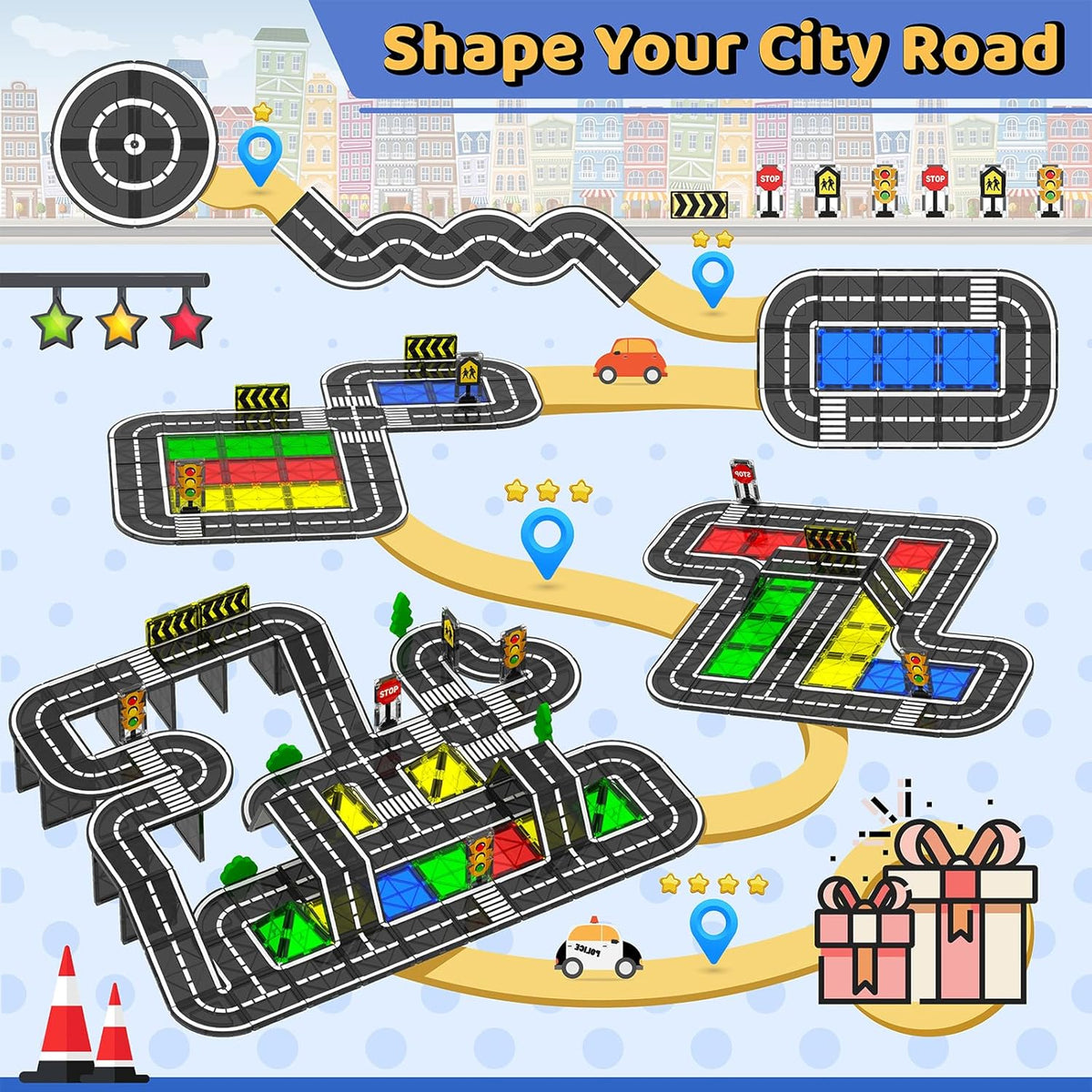 Magnetic Tiles - Road Set, Magnetic Building Blocks, Preschool Montessori Toys Gift for 3+ Year Old Boys and Girls, Sensory Christmas Toys for Kids