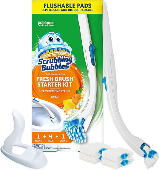 Scrubbing Bubbles Toilet Bowl Brush and Holder with Cleaner Refill Pads, Fresh Brush Toilet Wand Starter Kit, Cleans Limescale & Fights Odors, Citrus