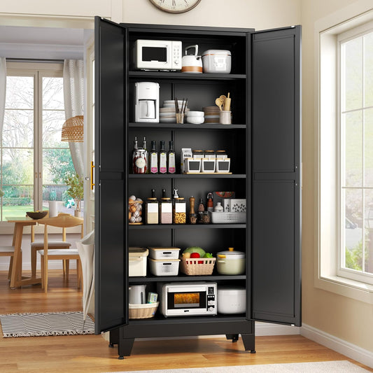 75.2" Tall Storage Cabinet, Pantry Storage Cabinets with 2 Door and 5 Adjustable Shelves, Black Kitchen Food Cabinet, Metal Utility Cabinets for