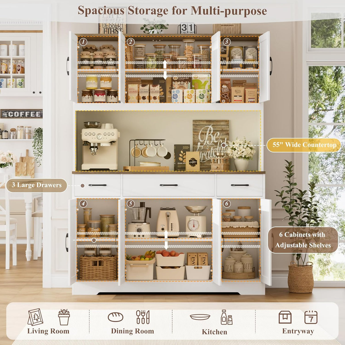 HOSTACK 71" Tall Kitchen Pantry Storage Cabinet with Charging Station, 55" Wide Kitchen Hutch Cabinet with Large Countertop, Farmhouse Food Pantry