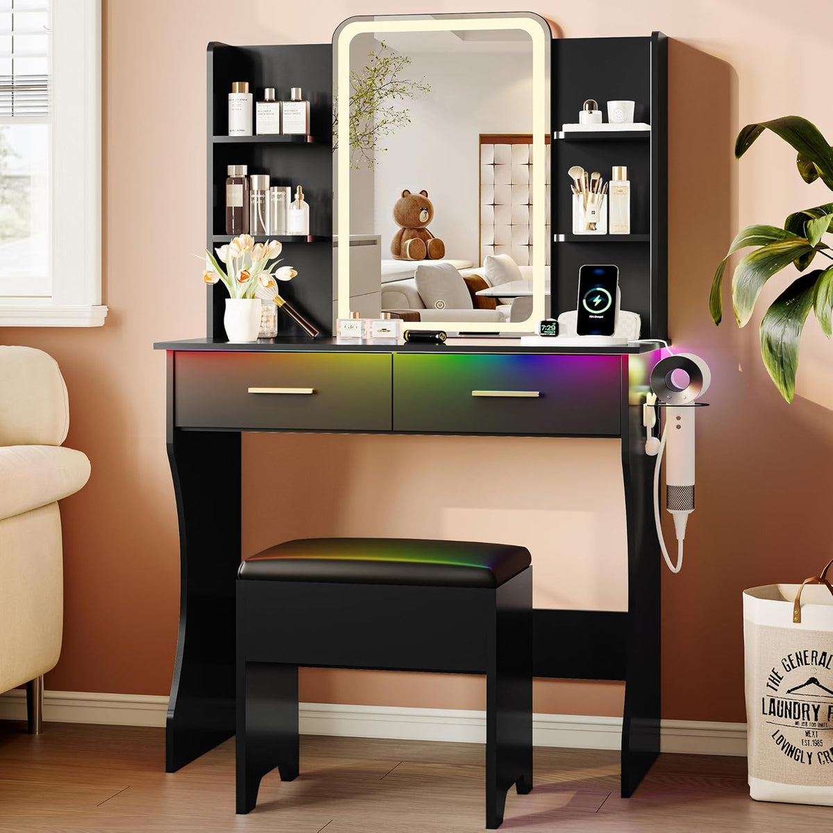 Vanity Desk with LED Lights Mirror & Power Outlet, Small Makeup Vanity Table Set with Storage Drawers & Chair, 3 Lighting Modes & Adjustable