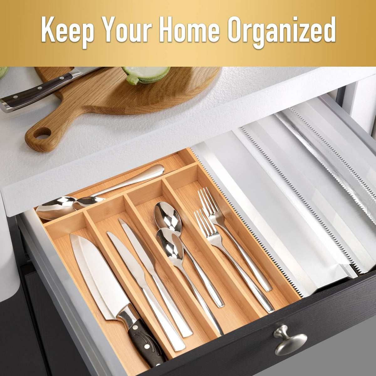 Silverware Organizer Kitchen Drawer Organizer Utensil Organizer Bamboo Silverware Holder Cutlery Organizer in Drawer Flatware Organizer Tray(5 slots