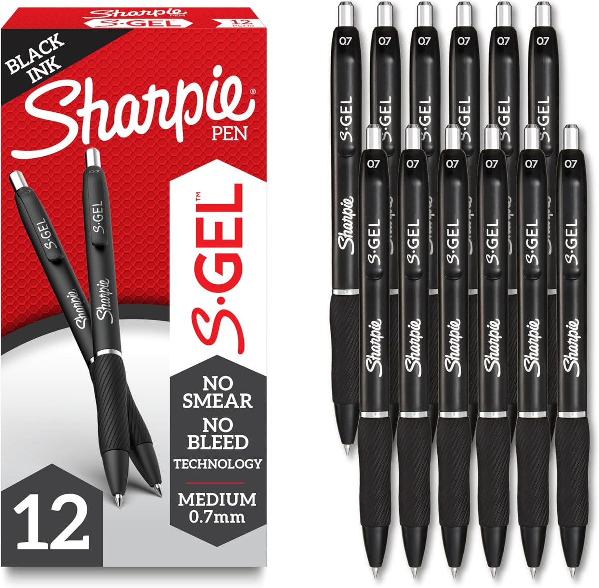 Sharpie S-Gel Gel Pens, Black Barrel, Medium Point (0.7mm), Black Gel Ink Pens, 12 Count - Home, Office, School, Journaling, Writing, Note-Taking
