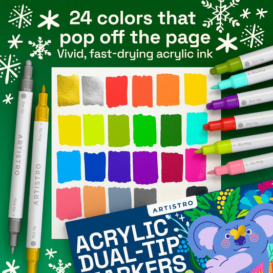 ARTISTRO 24 Acrylic Paint Markers for Rock, Fabric, Wood, Glass, Craft, Decoration - Dual-Tip Paint Pens - Stocking Stuffers, Christmas Gift Idea