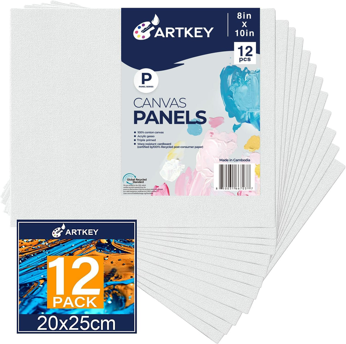 Artkey Canvases for Painting 8x10 Inch 12-Pack, 10 oz Primed 100% Cotton White Blank Canvas Boards for Painting, Art Supplies Paint Canvas Panels for
