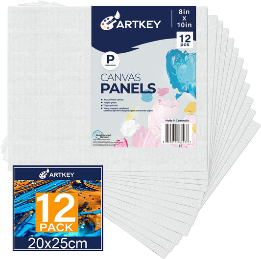 Artkey Canvases for Painting 8x10 Inch 12-Pack, 10 oz Primed 100% Cotton White Blank Canvas Boards for Painting, Art Supplies Paint Canvas Panels for