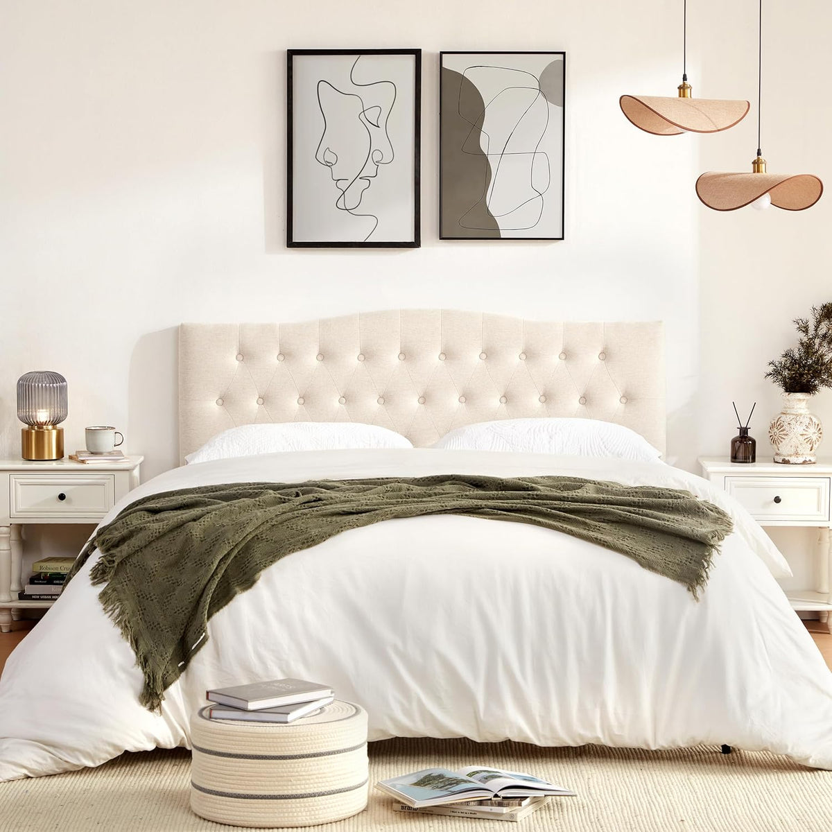 Tufted Upholstered Headboard Queen Size, Sturdy and Durable Solid Wood Bed headboard, Fabric Headboard Adjustable Height from 37” to 51”, Modern